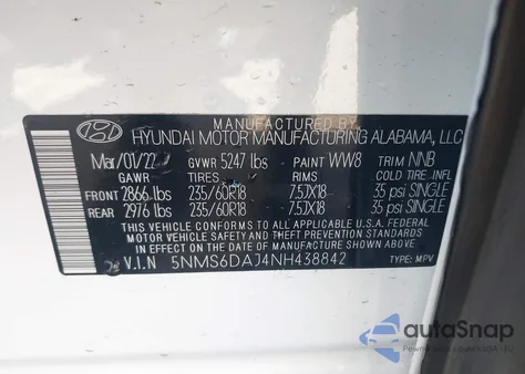 2022 Hyundai Santa Fe Xrt from USA, damaged, VIN 5NMS6DAJ4NH438842